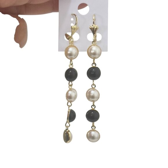 NEW Gold Filled Gold & Pearl Drop Earrings With Black Beads - Picture 2 of 9